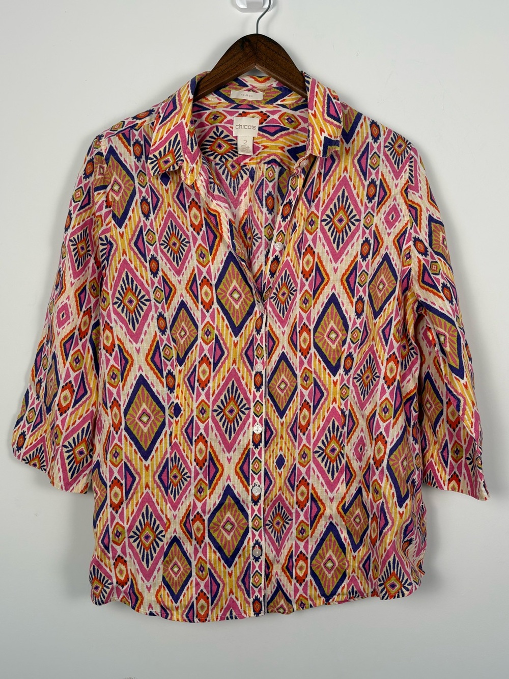 Chico's Linen Tunic Top Bright Ikat Design Button Back Flowy Boho Size 2 (Large)